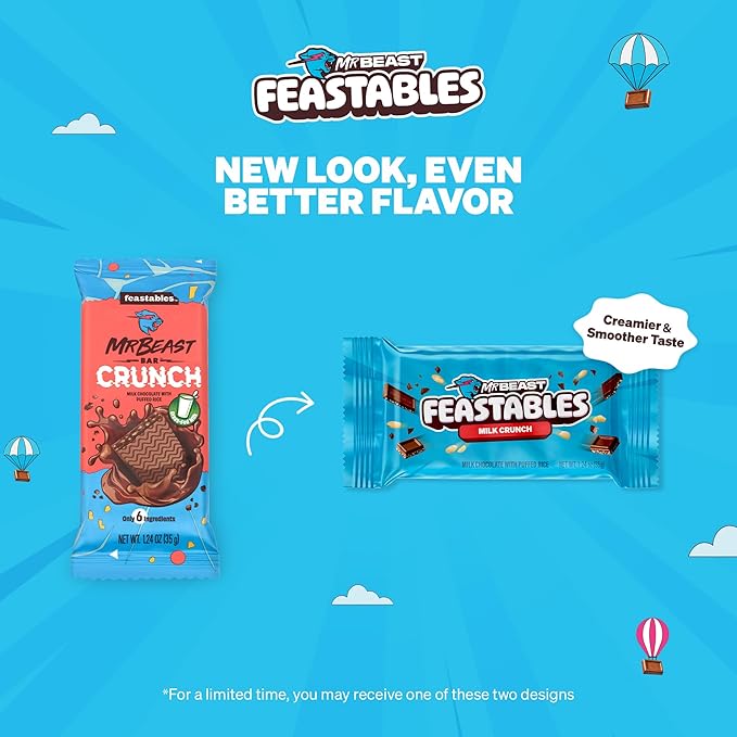 Feastables MrBeast Milk Chocolate Crunch Chocolate Bar, Full Size Bar for Adults & Kids, Candy Bars, Snacks, Gifts, & Dessert, Fairtrade Cocoa, 1.24 Oz Each, 24 Count