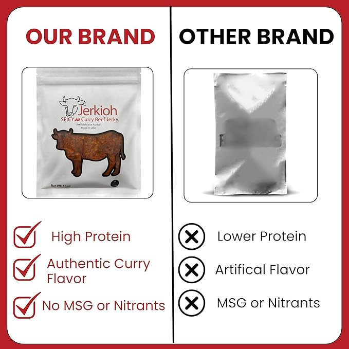 Jerkioh Spicy Curry Premium Beef Jerky β Authentic Vietnamese Street Food Flavor with Chili Heat | Gourmet Tender & Savory Strips | High-Protein, Low-Fat Snack | Portable On-the-Go Pack, 10 oz