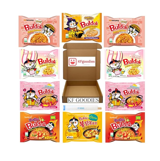 KF GOODIES Korean Ramen Variety Pack Gift Box (10 Count) – Spicy Buldak Noodle Assortment for Birthdays, College Care Packages, Office Snacks, and Gift Baskets