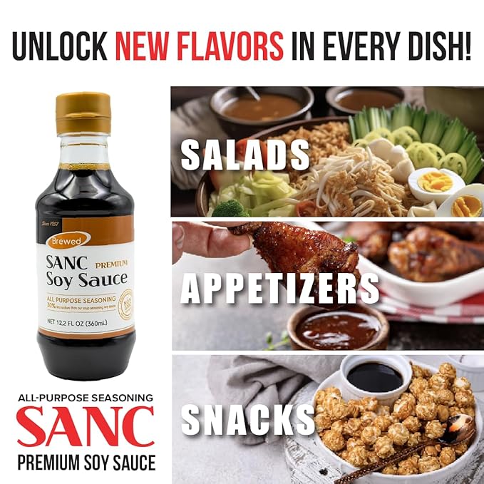 SANC All Purpose Premium Soy Sauce, 12.2 Fl Oz (Upgraded Version) – No high fructose corn syrup, Less-Sodium Salt Substitute, NON-GMO Bean, No Artificial Additives, Naturally Brewed Soy Sauce
