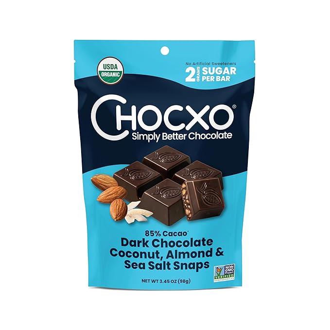 Chocxo Dark Chocolate Coconut Almond & Sea Salt Snaps - Low in Sugar, Organic 85% Cacao, Non-GMO, Keto Certified, Gluten Free & Kosher. No Artificial Sweeteners or Sugar Alcohols, 3.45 oz (Pack of 6)