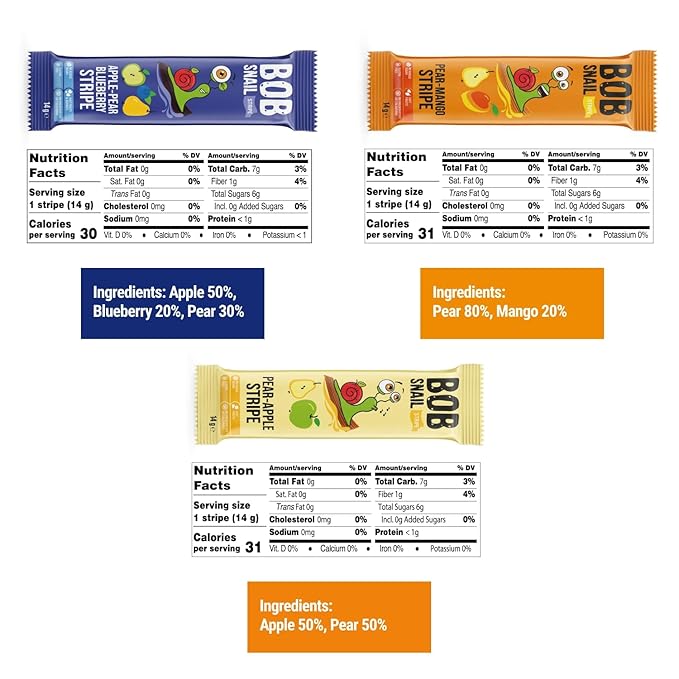 BOB SNAIL Healthy Fruit Snacks for Kids and Adults – 30 Fruit Leather Snacks with Pear & Apple, Blueberry, Mango – Vegan Low-Carb Variety Pack Strips for Kids – Sugar Free Jerky Bars
