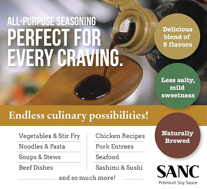 SANC All Purpose Korean Soy Sauce, 12.2 Fl Oz (Pack of 3) – Less-Sodium Salt Substitute, NON-GMO Bean, No Artificial Additives, Naturally Brewed Soy Sauce with Music Fermentation