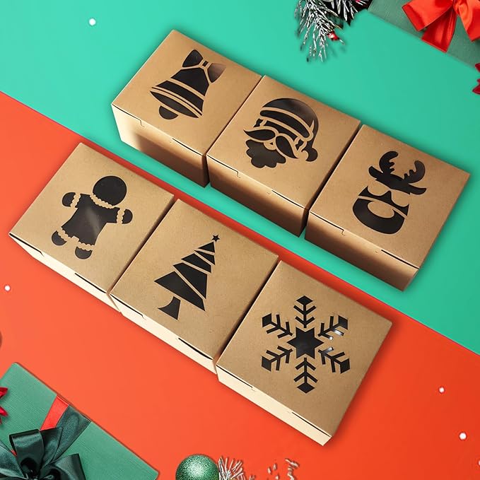 Gute 24 Pcs Christmas Kraft Cookie Boxes, Brown Christmas Treat Boxes with Window 4" x 4" x 2.5" Bakery Gift Warpping Box for Xmas Holiday Party Favor Pastries, Cupcakes, Cookies Donuts Gift-Giving