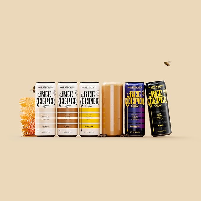 Beekeeper Cold Brew Coffee Drinks with Oregon Honey | 12 Pack Variety Refreshing Iced Coffee - Unsweetened & Strong Arabica Brew, 8 fl oz Ready-to-Drink Can - 180mg Natural Caffeine