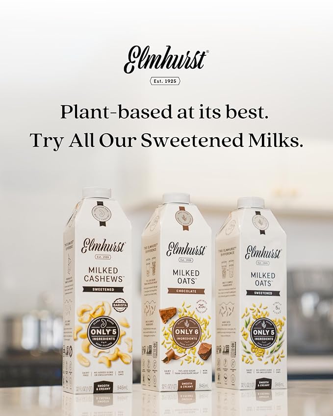 Elmhurst 1925 Sweetened Cashew Milk - 32 Ounce (Pack of 6) Dairy-Free, Vegan, Kosher, Gluten-Free, Shelf Stable Plant Based Milk Made with Water & Cashews for Healthier Coffee, Latte & Smoothies