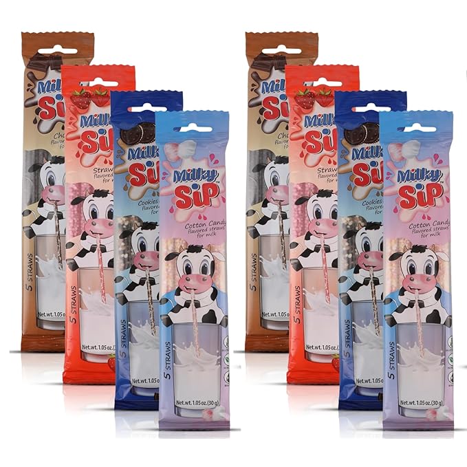 40 Pcs Milky Sip Flavored Straws For Milk - 4 Assorted Flavors: Chocolate, Strawberry, Cookies & Cream, Cotton Candy 10 Each Flavor - 8 Packs of 5 Ea. Milk Flavoring Straws for Kids, Teenagers, Adults