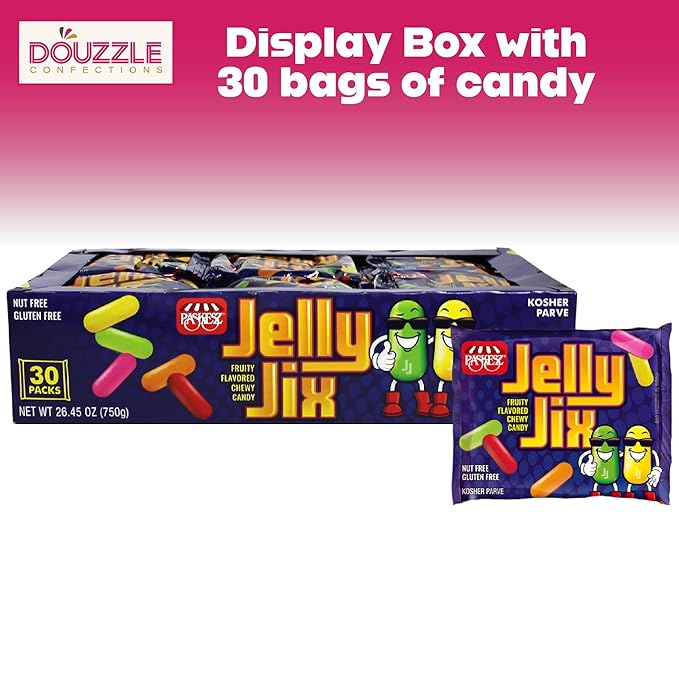 DOUzzle Valentines Day Sweet Treats, Jelly Jix Chewy Candies, Mini Packs (30 Count, 1 Pack) Individually Wrapped, Party Favor - Gluten & Nut Free, Kosher Parve