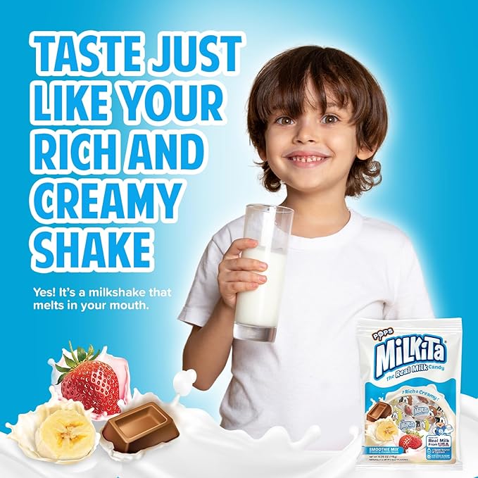 Milkita The Real Milk Candy Lollipop Bag – Low-Sugar, Healthy Sweets with Real Milk for Kids & Adults – Fat Free & Gluten Free Candy with Calcium (Strawberry, Chocolate, Banana - 10 Pcs)