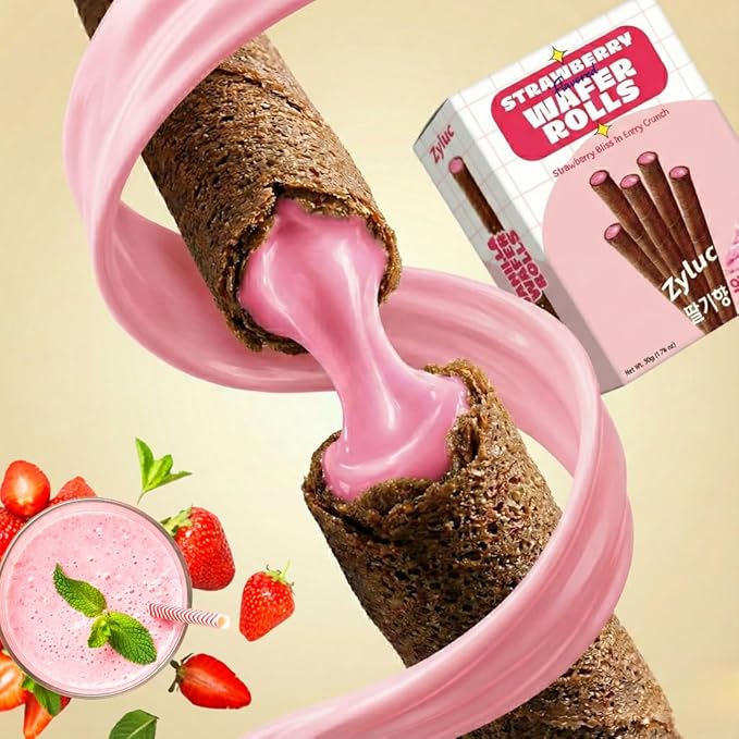 Zyluc Strawberry Wafer Rolls – Crispy Cream-Filled Cookies, Sweet Strawberry-Flavored Snack, 200 Calorie Portion Pack, No Cholesterol, Zero Trans Fat, Premium Treat (50g x 5 Boxes)