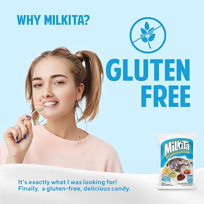 Milkita The Real Milk Candy Lollipop Bag – Low-Sugar, Healthy Sweets with Real Milk for Kids & Adults – Fat Free & Gluten Free Candy with Calcium (Strawberry, Chocolate, Honeydew, Banana - 15 Pcs)