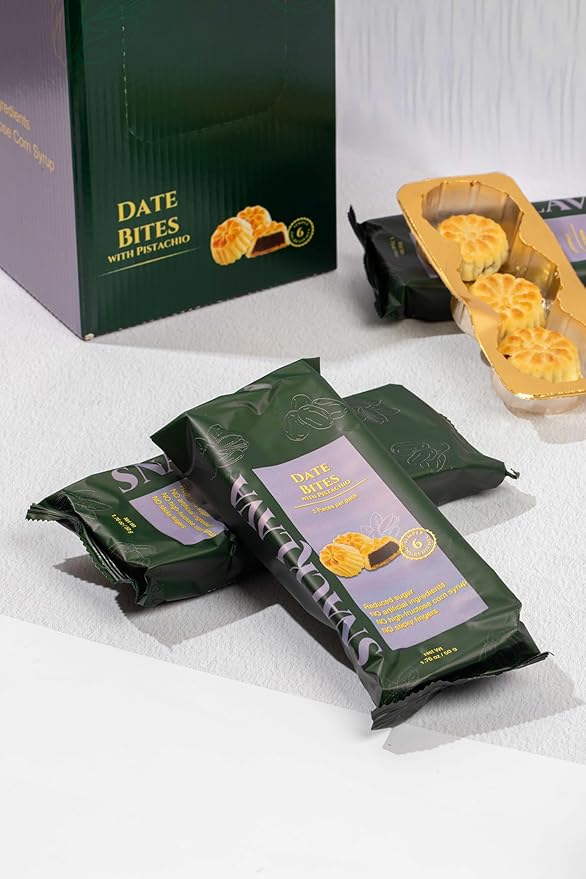 Snacklava Pistachio Date Bites - 20 Pack (60 Pieces) - Pistachio and Date Filled Maamoul Shortbread Cookies - No Artificial Ingredients, Colors or Preservatives