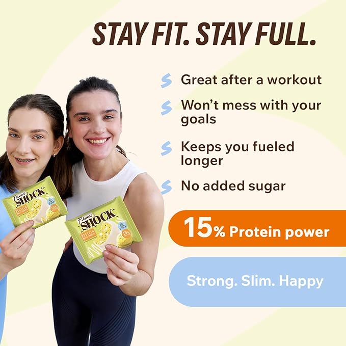 FitnesSHOCK Protein Brownie White Chocolate, No Added Sugar, 15%/7,5g Protein, 233kcal, Pre/Post Workout Snack - No Palm Oil, Filling dietary fibre, 10x50g - Poppy seeds and lemon flavour