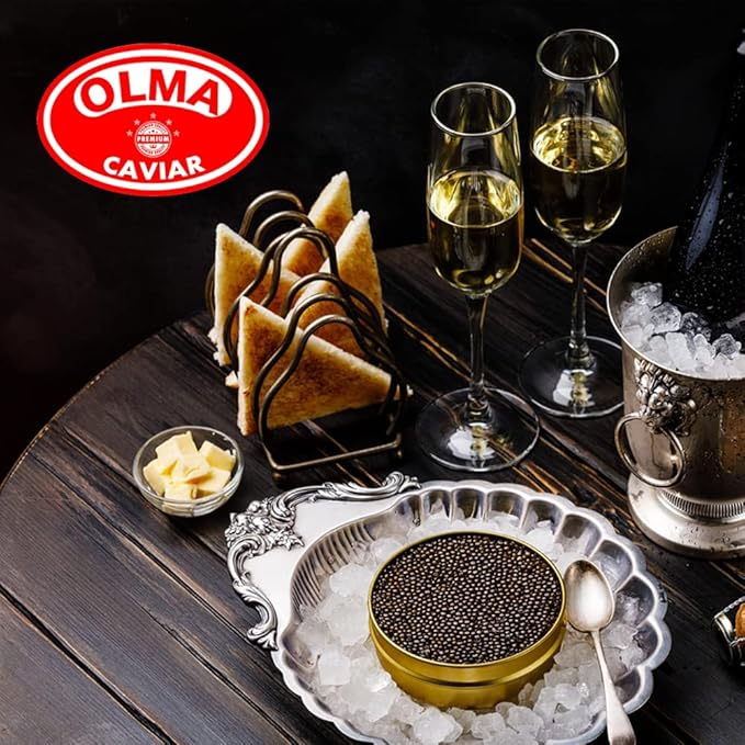 OLMA Noble Caviar Gift Set - 2 oz (56g) of Caviar, Includes Kaluga Royal, Siberian Osetra Aurora, Hackleback, Paddlefish, Serving Spoon & Blinis - Superior Grade Fresh Roe Fish Eggs
