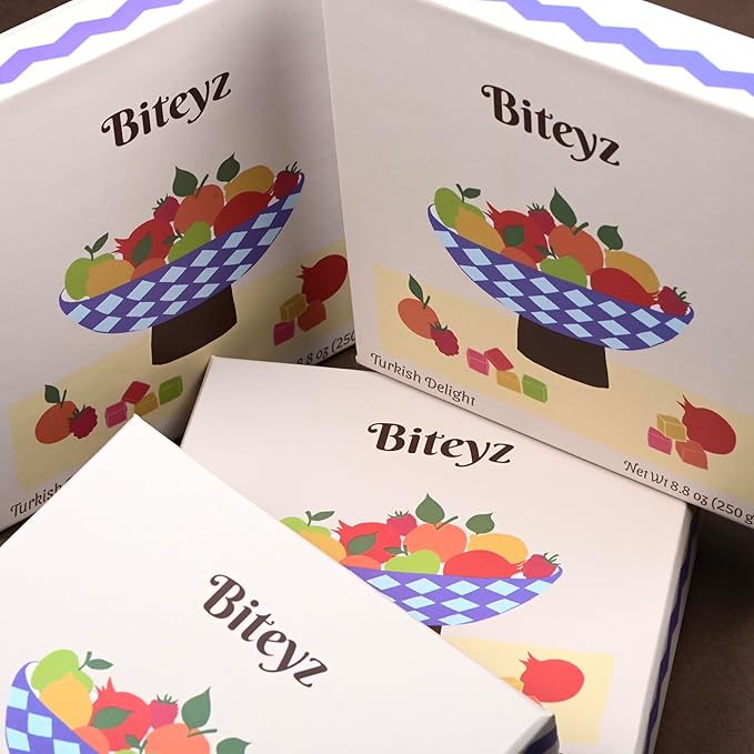Biteyz Original Turkish Delight, Vegan Candy Gift Box - Assorted Gourmet Fruit Snacks with Lemon, Apple, Orange, Pomegranate, and Raspberry Flavors, 36 Pieces of Luxury Handmade Vegan Treats