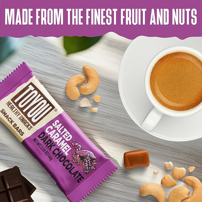 ToYou Gluten Free Chewy Fruit and Nut Bars - Healthy Protein Snacks | Salted Caramel Dark Chocolate - 1.41 Ounce (Pack of 12) | Soft Chewy, Fiber-Packed Granola Bars for Adults and Kids, Made with Natural Ingredients