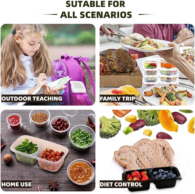 Reusable Snack Containers with Lids - 20PCS Double Compartment Condiment Containers for Snack Prep, Portion Control, Lunches Picnics Parties, Microwave & Dishwasher Safe 6.76oz (CLEAR)