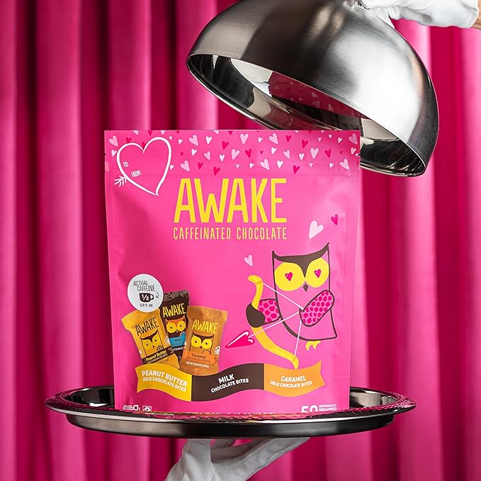AWAKE - Caffeinated Chocolate Bites - 50mg Caffeine per bite - Bite Me, Baby! Variety Pack (3 Flavors), 50 Count, 0.48oz each - Peanut Butter, Milk, & Caramel - Coffee Alternative - Fairtrade, Gluten Free, Non GMO