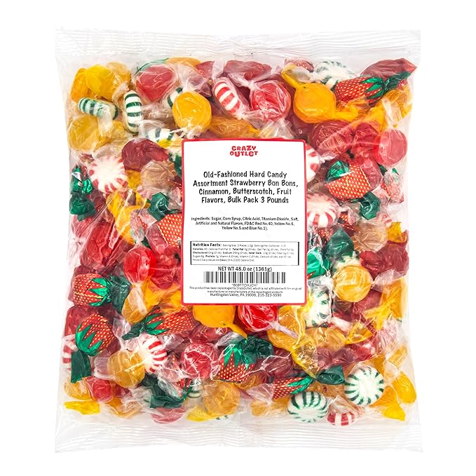 Old Fashioned Hard Candy Assortment - 3 Pound Bulk Pack (225 Count) - Strawberry Bon Bons, Cinnamon, Butterscotch, Fruit Flavors - Nostalgic Hard Candy