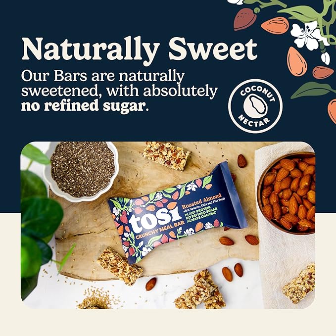 Tosi Meal Nut Bars, Almond, Healthy Snacks for Adults & Kids, Crunchy Plant Based Protein Bar (14G), Keto Snacks, Vegan, Gluten & Soy Free, Low Sugar, Omega 3s, 2.4oz, 12-Pack