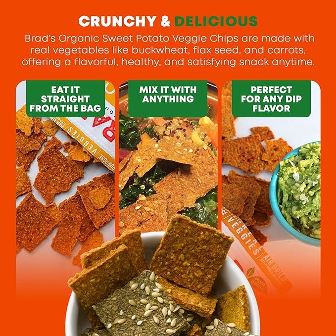 Brad’s Plant-Based - Organic Veggie Sweet Potato Chips - Delicious Healthy Snacks - High Protein & High Fiber Snacks - Low Carb - Organic Veggie On-the-Go Sweet Potato Chips - 3 Oz (Pack of 5)