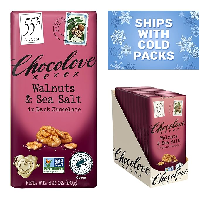 Chocolove Walnuts & Sea Salt Dark Chocolate Bars | 55% Cocoa | Crunchy Walnuts with a Salty Twist | Premium Dark Chocolate | Non-GMO, Gluten-Free, 3.2 oz Bar (12 Pack)