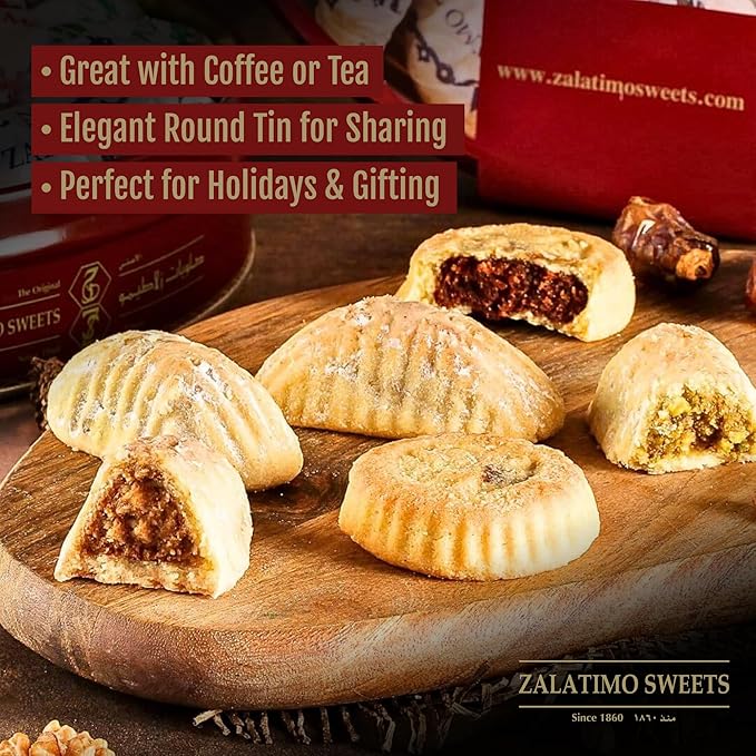 Zalatimo Sweets Since 1860 Middle Eastern Assorted Baklava 1.8lb - Handmade Mediterranean Sweets square Metal Gift Tin - No Syrup,or Additives - Ramadan, Christmas, Birthdays, Weddings, Holidays