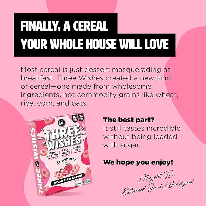 Three Wishes Grain-Free & Protein Cereal - Healthy, Low Sugar & Gluten-Free Breakfast Cereal - Low Carb, Plant-Based, Vegan & Non-GMO - Strawberry, 6-Pack