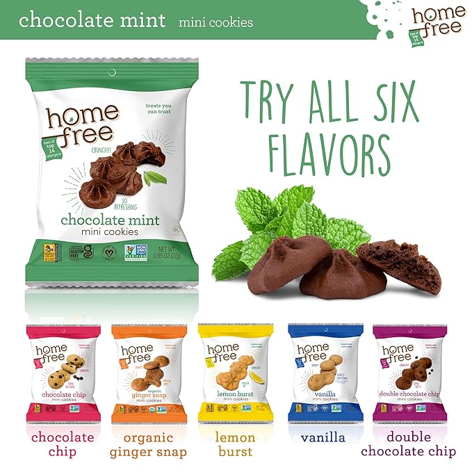 Homefree Chocolate Mint Mini Cookies, Gluten Free, Nut Free, Vegan, Individually Wrapped Packs, School Safe and Allergy Friendly Snack, 0.95 oz. (Pack of 64)