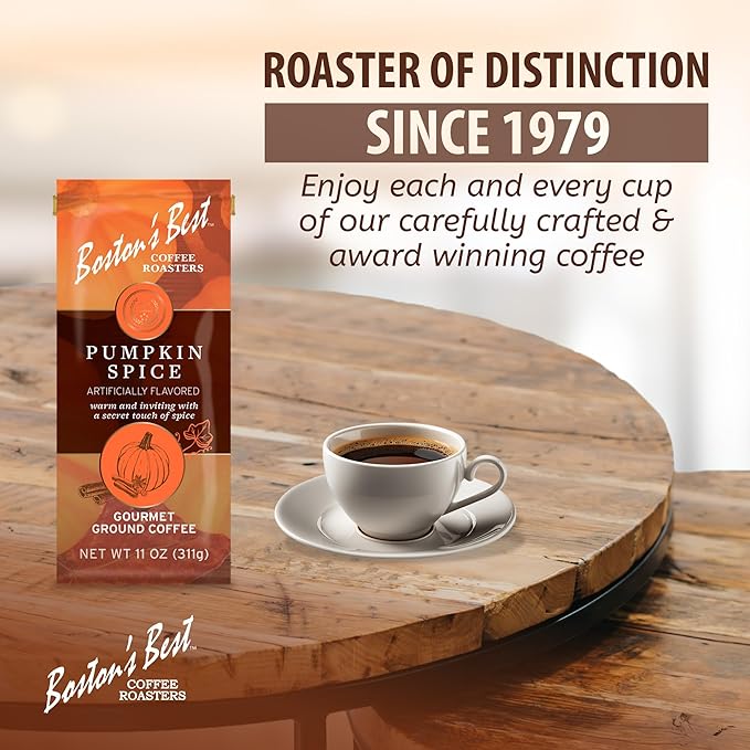 Bostonโs Best Coffee - Fall-Inspired Pumpkin Spice Medium Roast Gourmet Delicious Flavored Coffee, Premium Ground - 11 oz. / 311 g Bag