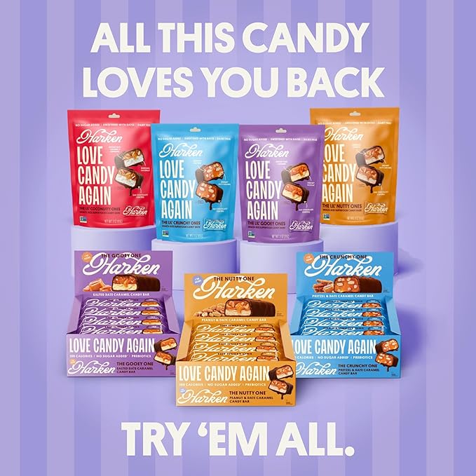 Harken Sweets The Lil’ Coconutty Ones, Mini Oat Milk Chocolate Candy Bars with Coconut, Sweetened with Dates, No Sugar Added, High Fiber Snack, Gluten-Free, Plant-Based, 6 Pouches (30 Bars)