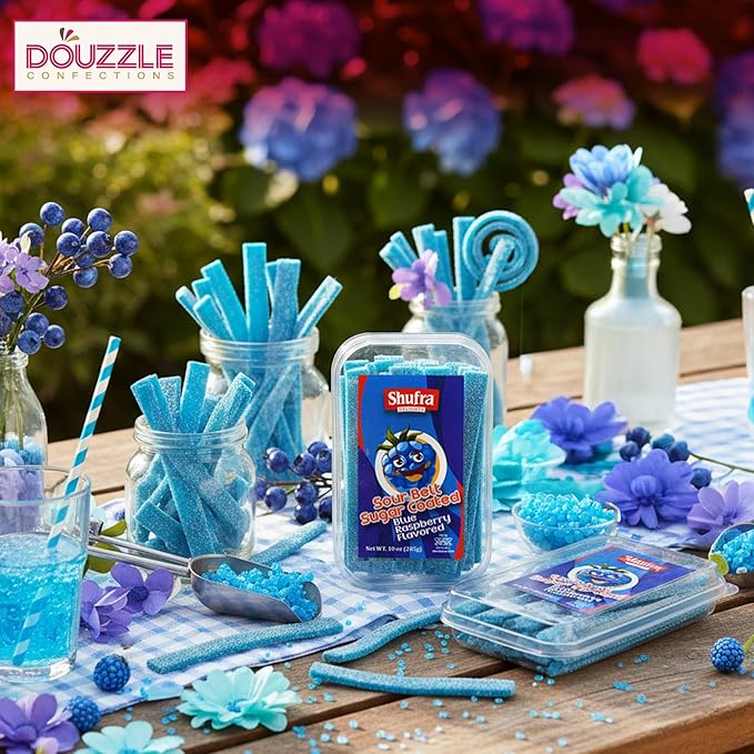 DOUzzle Valentines Day Sweet Treats, Sour Belts Chewy Candy Strips Blue Raspberry Sour Belts (10 OZ - Pack of 1) Goodie Bag Stuffer, Pinata Filler - Kosher Parve