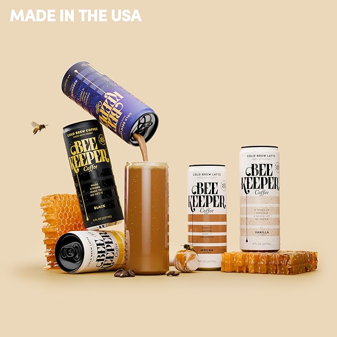 Beekeeper Vanilla Latte Cold Brew Coffee Drinks with Oregon Honey | 12 Pack Refreshing Iced Coffee - Unsweetened & Strong Arabica Brew, 8 fl oz Ready-to-Drink Can - 180mg Natural Caffeine
