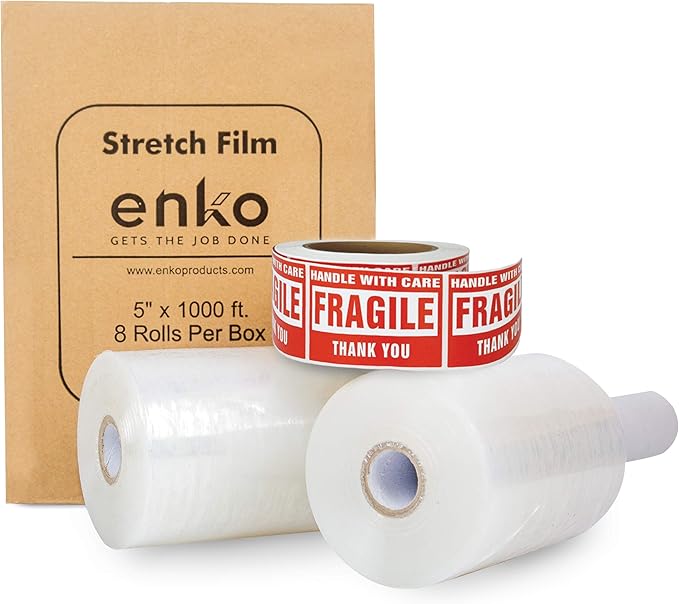 enKo 8 Pack 5" Mini Roll Stretch Film with Easy Grip Handle (8000ft | 1000ft/Roll) - Includes 800pcs Fragile Labels
