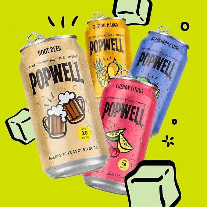 Popwell Root Beer Better-For-You Prebiotic Soda, with 6g Fiber, 1g Sugar, Vitamins and Immunity Support, 12 fl oz Cans (pack of 12)