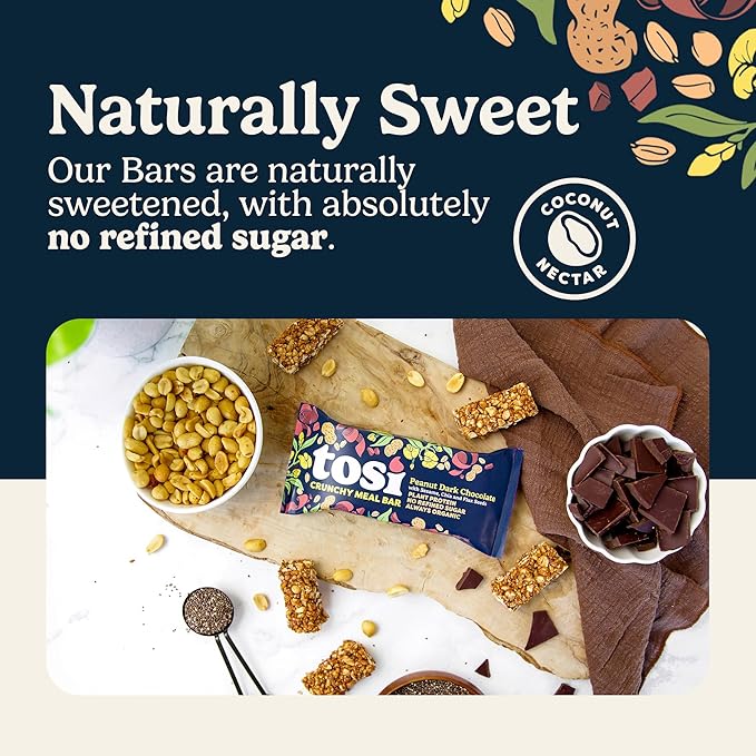 Tosi Meal Nut Bars, Peanut Dark Chocolate, Healthy Snacks for Adults & Kids, Crunchy Plant Based Protein Bar (16G), Keto Snacks, Vegan, Gluten & Soy Free, Low Sugar, Omega 3s, 2.4oz, 12-Pack