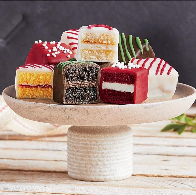 The Wisconsin Cheeseman Merry Christmas Petits Fours – Gourmet Mini Layer Cakes in Red Velvet, Strawberry Shortcake, Chocolate Cake, and Vanilla – Holiday Dessert or Cake Assortment Gift