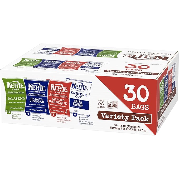 Kettle Brand Potato Chips, Variety Pack, 30 Ct Snack Bags, 1.5 Oz Each