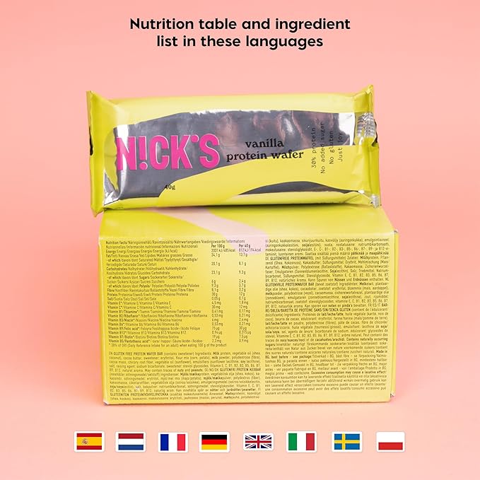NICKS Protein Vanilla Wafer Bar | 25% Protein (10g) 203 Calories | Low Carb Vanilla Cookie Bar Snack with No Added Sugar, Gluten Free (24 bars x 40g)
