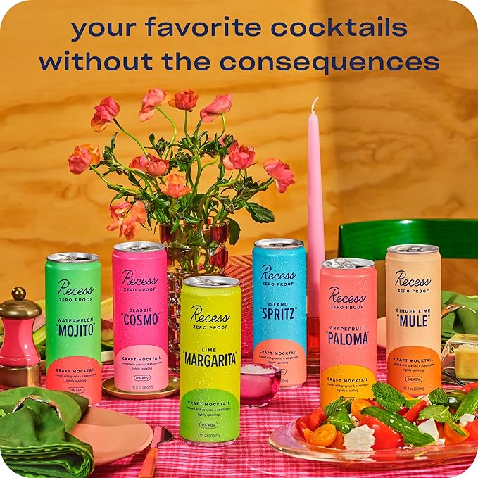 Recess Zero Proof Craft Mocktails, Alcohol Free Drinks, With Adaptogens, Non-Alcoholic Beverage Replacement, Mixer, Celebration, Party, (Happy Hour Sampler, 12oz, Pack of 12)