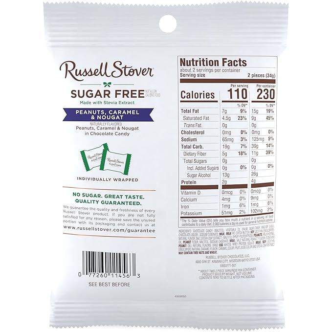 RUSSELL STOVER Sugar Free Peanut, Caramel & Nougat Chocolate Candy, 2.4 oz. bag (Pack of 10)