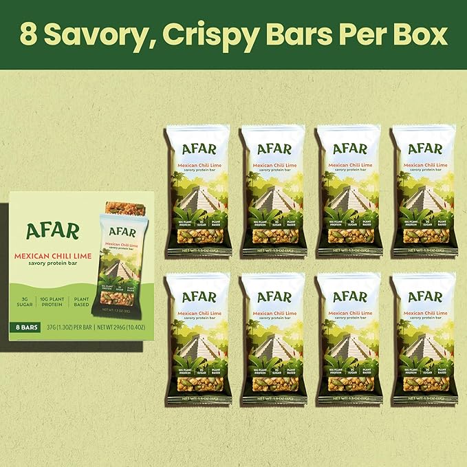 Afar Savory Protein Bars – Low Sugar, High Protein – Healthy Snacks for Adults – Meal Replacement Bar – Rice Crispy Texture – Vegan, Gluten Free (8 Bars, Mexican Chili Lime)