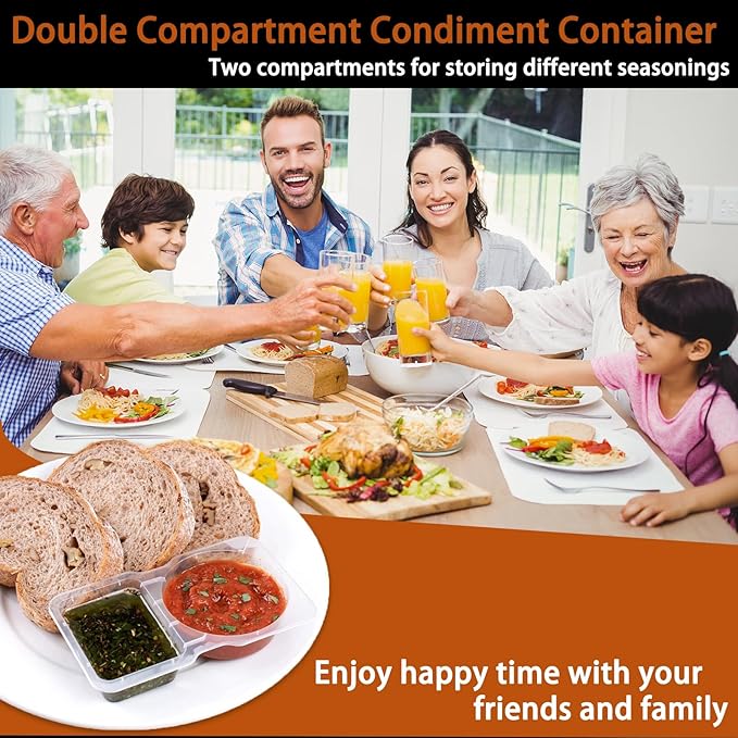 20 Sets Double Compartment Condiment Container, 2 Compartment Snack Containers, Disposable Food Containers with Lids for Sauce Snack, for Travel, Picnic