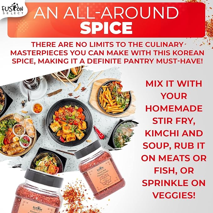 Fusion Select Korean Premium Non-GMO Gluten Free Red Chili Pepper Flakes Powder, Crushed Red Pepper Premium Gochugaru For Kimchi Seasoning, Chicken, Pork, Fish, Vegetables Hot Pepper Flakes (6 Oz Jar)