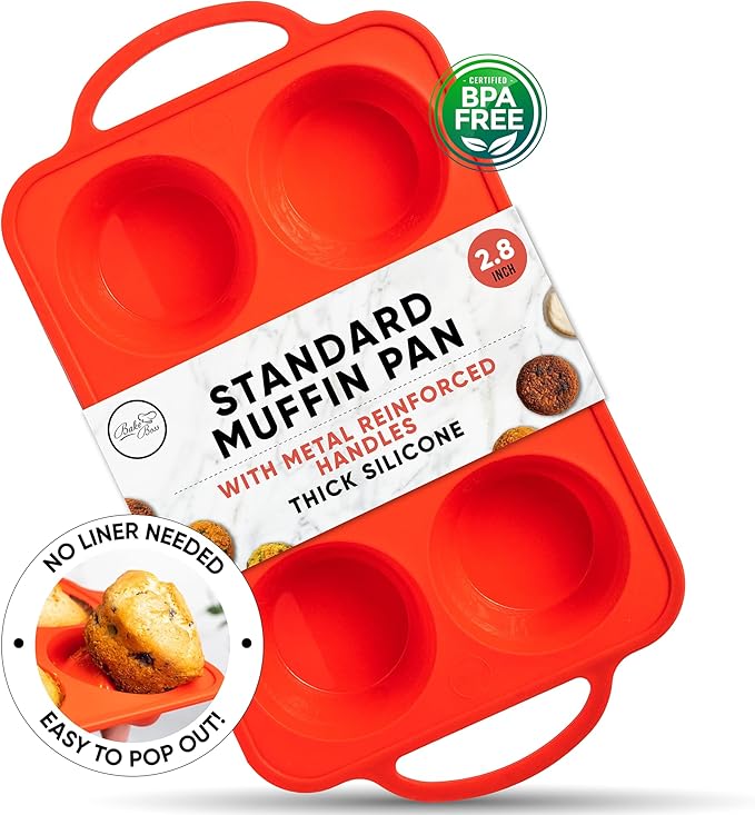 BAKE BOSS Regular Size 6 Cup Muffin Pan – Silicone Muffin Pans for Baking with Metal Handles – Nonstick Silicone Cupcake Pan, Easy-Release, BPA-Free Muffin Tray, Oven & Dishwasher Safe – Red