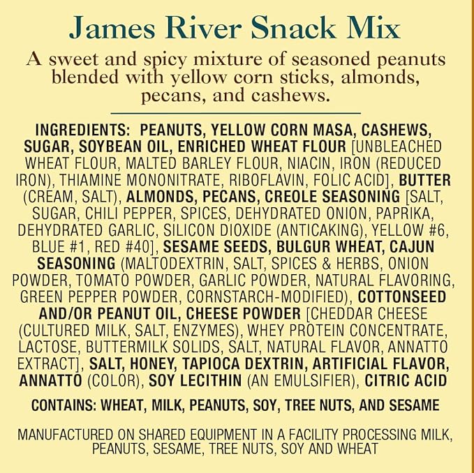 The Peanut Shop of Williamsburg James River Snack Mix, Williamsburg Peanuts, with Mixed Nuts and Sesame Corn Sticks - 9 Oz Tin
