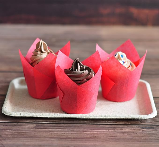 MyBakning Red colour Large size Tulip Baking Cups 2-1/4"(Base diameter) x 4"(Wall height) Greaseproof paper baking cupcake Muffin liners, Case of 130 pcs