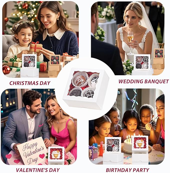 JCXGRVC 100Pack 4x4x2 Inch White Simple Elegant Bakery Boxes with Window Treat Boxes Truffle Boxes for Party Wedding Favor Mother's Valentine's Birthday Day