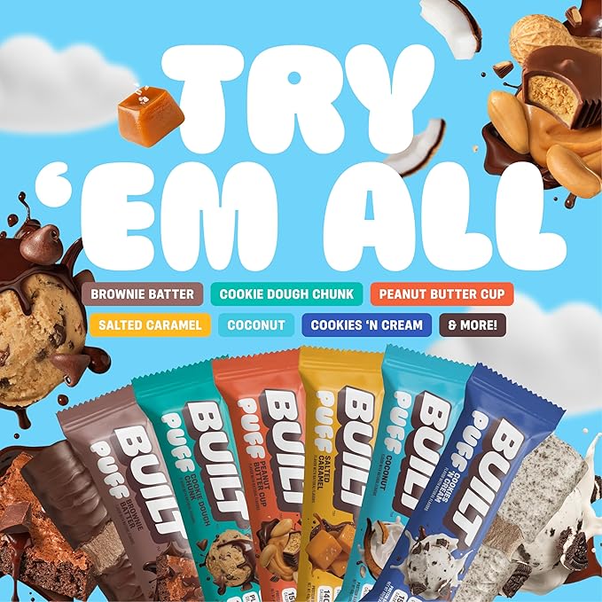 Built Bar, Puff Protein Bars, Mint Chip Puff, 17g Protein Snacks, On-The-Go Bars, Only 140 Calories, 7g Sugar, Collagen, Gluten Free, 12 Count