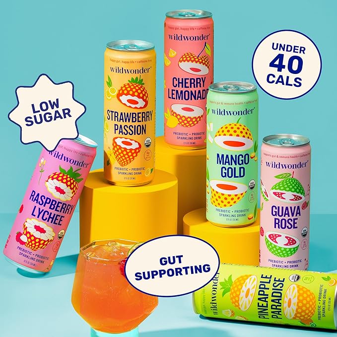 Wildwonder Sparkling Probiotic Drink, Pink Pomelo Limeade, Gluten Free, Vegan, Canned Soda with 5g of Prebiotic Fiber for Digestive & Immune Support, Low Sugar, Caffeine Free, 12 FL OZ Cans, 12 Pack